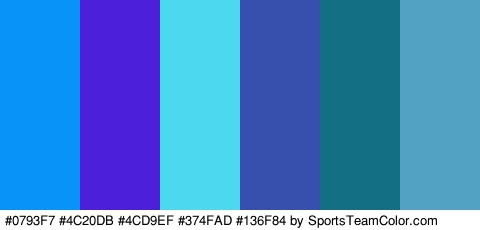 #0793F7 #4C20DB #4CD9EF #374FAD #136F84 #52A2C4 Colors