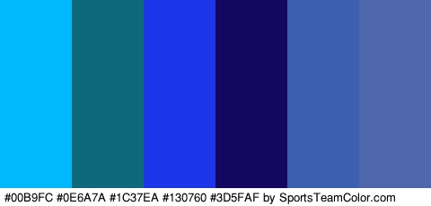 #00B9FC #0E6A7A #1C37EA #130760 #3D5FAF #4E67AD Colors