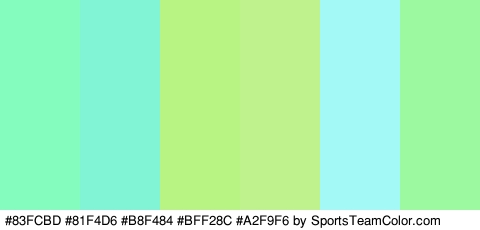 #83FCBD #81F4D6 #B8F484 #BFF28C #A2F9F6 #9DF9A0 Colors