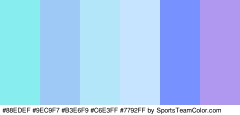 #88EDEF #9EC9F7 #B3E6F9 #C6E3FF #7792FF #B097EF Colors