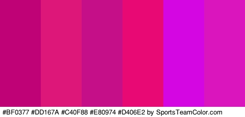 #BF0377 #DD167A #C40F88 #E80974 #D406E2 #DB15BD Colors