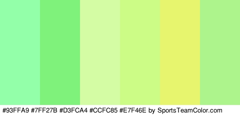 #93FFA9 #7FF27B #D3FCA4 #CCFC85 #E7F46E #ACF48B Colors