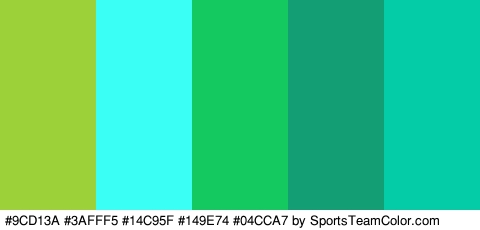 #9CD13A #3AFFF5 #14C95F #149E74 #04CCA7 Colors