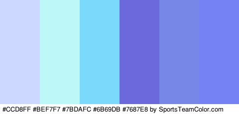 #CCD8FF #BEF7F7 #7BDAFC #6B69DB #7687E8 #7582F4 Colors