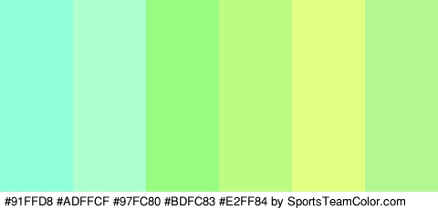 #91FFD8 #ADFFCF #97FC80 #BDFC83 #E2FF84 #B2F791 Colors