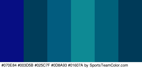 #070E84 #003D5B #025C7F #0D8A93 #01607A #003A59 Colors