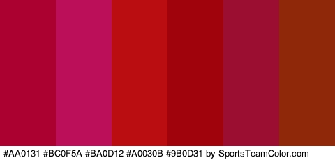 #AA0131 #BC0F5A #BA0D12 #A0030B #9B0D31 #8E2809 Colors