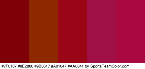 #7F0107 #8E2800 #9B0617 #A01047 #AA0841 Colors