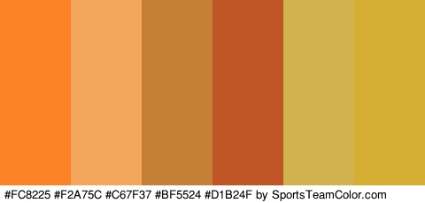 #FC8225 #F2A75C #C67F37 #BF5524 #D1B24F #D6AD33 Colors