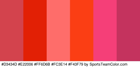 #D3434D #E22006 #FF6D6B #FC3E14 #F43F79 #C4335E Colors