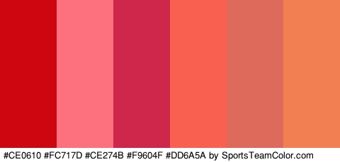 #CE0610 #FC717D #CE274B #F9604F #DD6A5A #F27F52 Colors