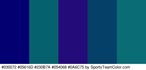 #030072 #05616D #230B7A #054068 #0A6C75 Colors