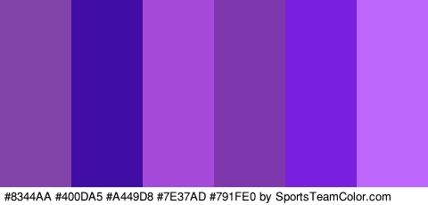 #8344AA #400DA5 #A449D8 #7E37AD #791FE0 #BE67FC Colors