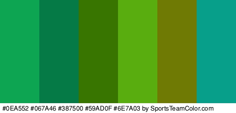 #0EA552 #067A46 #387500 #59AD0F #6E7A03 #079E8A Colors