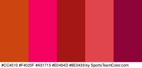 #CC4510 #F4025F #A51715 #E0454D #8E0439 Colors