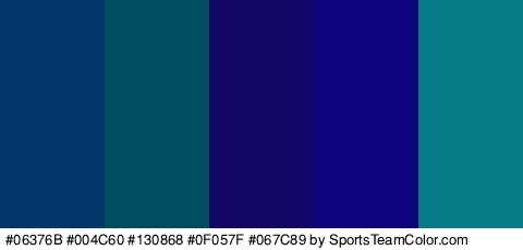 #06376B #004C60 #130868 #0F057F #067C89 Colors