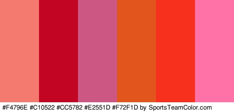 #F4796E #C10522 #CC5782 #E2551D #F72F1D #FF72A8 Colors