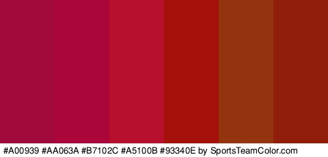 #A00939 #AA063A #B7102C #A5100B #93340E #911E0A Colors