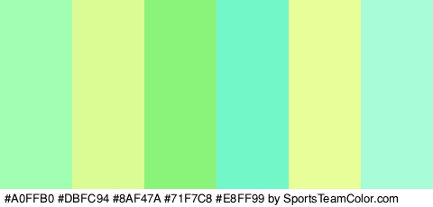 #A0FFB0 #DBFC94 #8AF47A #71F7C8 #E8FF99 #A9FCD8 Colors