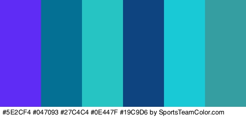 #5E2CF4 #047093 #27C4C4 #0E447F #19C9D6 #359EA0 Colors