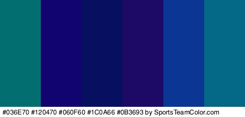 #036E70 #120470 #060F60 #1C0A66 #0B3693 #046887 Colors