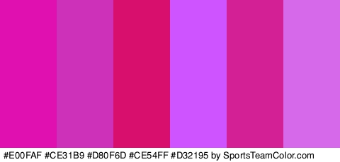 #E00FAF #CE31B9 #D80F6D #CE54FF #D32195 #D569EA Colors