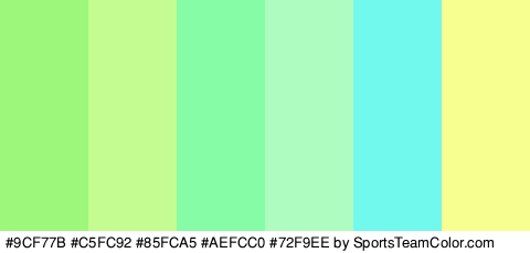 #9CF77B #C5FC92 #85FCA5 #AEFCC0 #72F9EE #F7FF91 Colors