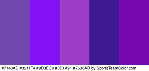 #7148AD #8211F4 #9D3EC9 #3D1A91 #7608AD Colors