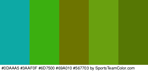 #0DAAA5 #3AAF0F #6D7500 #69A010 #567703 Colors