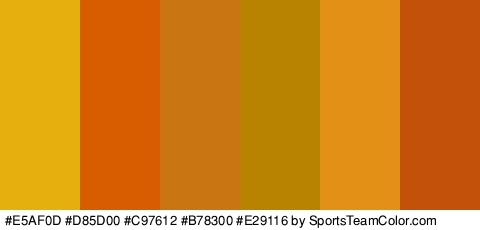 #E5AF0D #D85D00 #C97612 #B78300 #E29116 #C45109 Colors