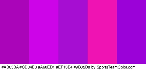 #AB05BA #CD04E8 #A60ED1 #EF13B4 #9B02D8 Colors