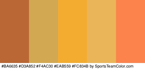 #BA6635 #D3A852 #F4AC30 #EAB559 #FC834B Colors