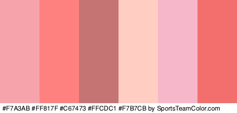 #F7A3AB #FF817F #C67473 #FFCDC1 #F7B7CB #F26F6D Colors