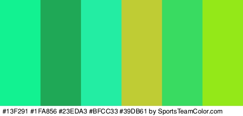 #13F291 #1FA856 #23EDA3 #BFCC33 #39DB61 #94E817 Colors