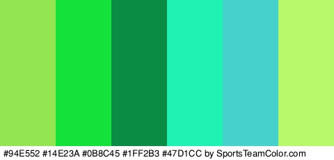 #94E552 #14E23A #0B8C45 #1FF2B3 #47D1CC #B7F96B Colors