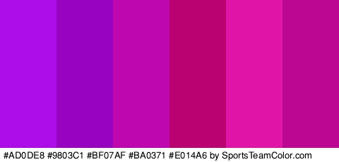 #AD0DE8 #9803C1 #BF07AF #BA0371 #E014A6 #BC0792 Colors