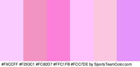 #F9CCFF #F293C1 #FC80D7 #FFC1FB #FCC7DE #E595F9 Colors