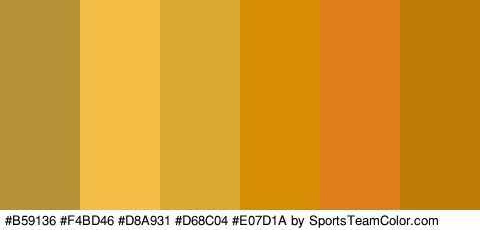 #B59136 #F4BD46 #D8A931 #D68C04 #E07D1A #BC7C05 Colors