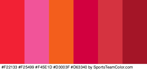 #F22133 #F25499 #F45E1D #D3003F #D63340 #A51528 Colors