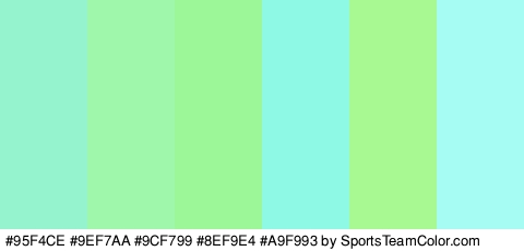 #95F4CE #9EF7AA #9CF799 #8EF9E4 #A9F993 #A6FCF2 Colors