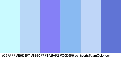 #C9FAFF #B9D8F7 #8680F7 #8ABAF2 #C0D6F9 #6074D6 Colors