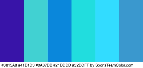 #3815A8 #41D1D3 #0A87DB #21DDDD #32DCFF #3B98CE Colors