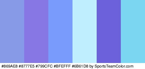 #869AE8 #8777E5 #799CFC #BFEFFF #6B61D8 #7BD6F2 Colors