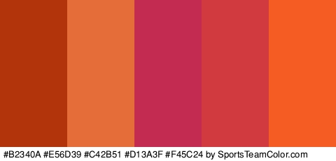 #B2340A #E56D39 #C42B51 #D13A3F #F45C24 Colors