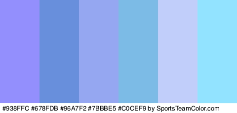 #938FFC #678FDB #96A7F2 #7BBBE5 #C0CEF9 #91E3FF Colors