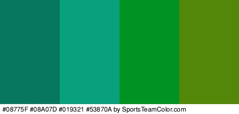 #08775F #08A07D #019321 #53870A Colors