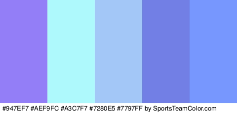 #947EF7 #AEF9FC #A3C7F7 #7280E5 #7797FF Colors