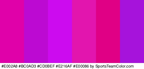 #E002A8 #BC0AD3 #CD0BEF #E216AF #E00086 #A613DB Colors