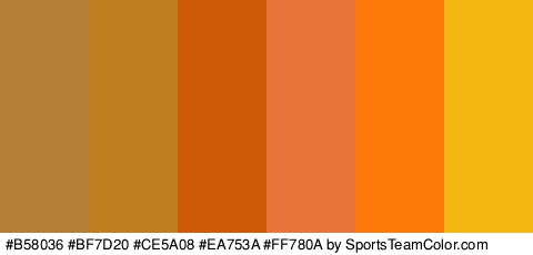 #B58036 #BF7D20 #CE5A08 #EA753A #FF780A #F2B613 Colors