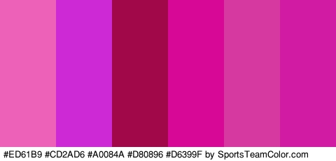 #ED61B9 #CD2AD6 #A0084A #D80896 #D6399F #D11BA3 Colors